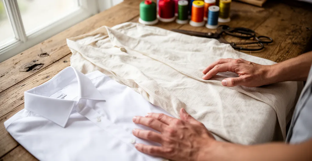 Échantillons de popeline et oxford sur table d'atelier pour chemise sur mesure