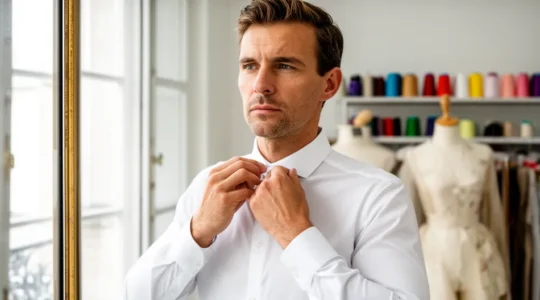 Homme ajustant le col de sa chemise sur mesure dans un atelier parisien