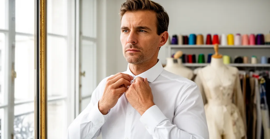 Homme ajustant le col de sa chemise sur mesure dans un atelier parisien